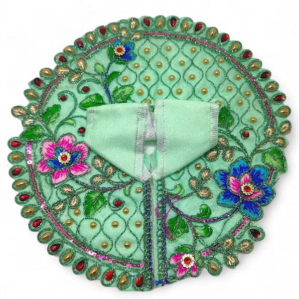 Embroidered Laddu Gopal poshak with jhari work, light teal circular frame with flower embroidery