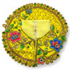 Embroidered Laddu Gopal poshak with jhari work, gold-yellow circular design with floral details