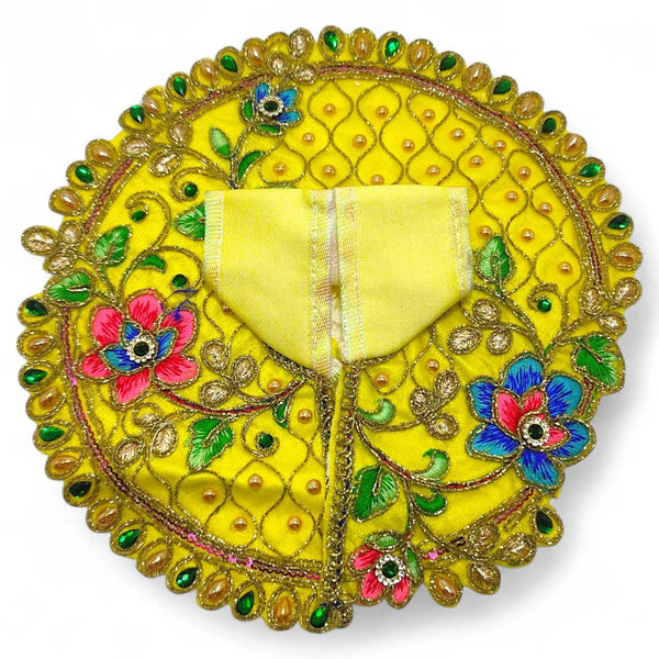 Embroidered Laddu Gopal poshak with jhari work, gold-yellow circular design with floral details