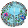 Embroidered Laddu Gopal poshak with jhari work, sky-blue circular frame with multicolor floral motifs