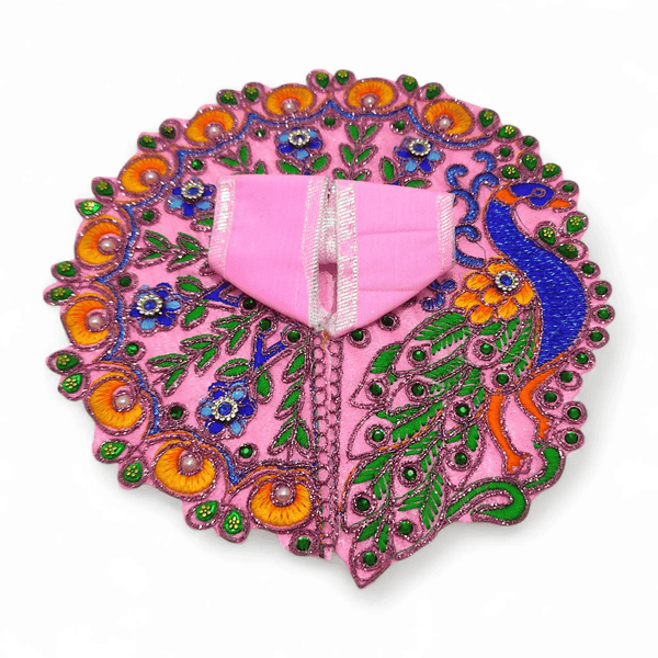 Pink embroidered doll poshak dress with gold center panel and multicolor stone work