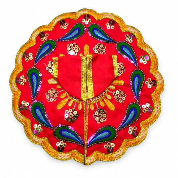 Handmade embroidered baby deity dress panel in red with gold stripes and multicolor trim