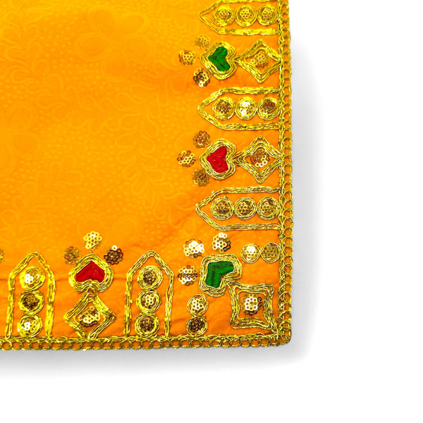Designer Velvet Embroidered Pooja Aasan Cloth 30X40 inch Yellow | Chowki Aasan for God Idol