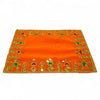 Orange velvet pooja cloth with gold border embroidery and repeating deity motifs