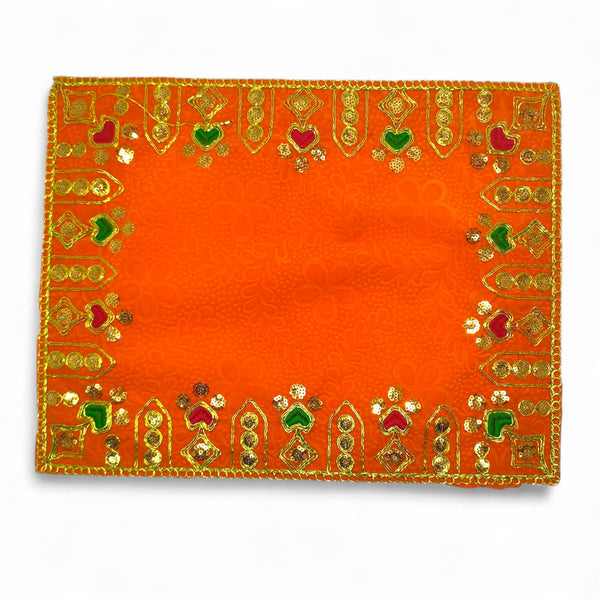 Designer Velvet Embroidered Pooja Aasan Cloth 13X19 inch ORANGE | Chowki Aasan for God Idol