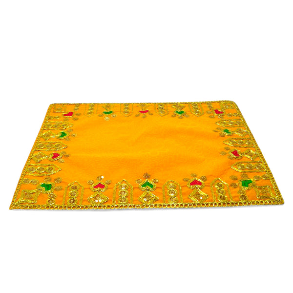 Designer Velvet Embroidered Pooja Aasan Cloth 30X40 inch Yellow | Chowki Aasan for God Idol