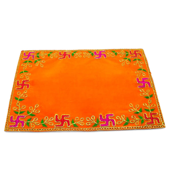 Designer Orange Velvet Embroidered Pooja Aasan Cloth - Achleshwar