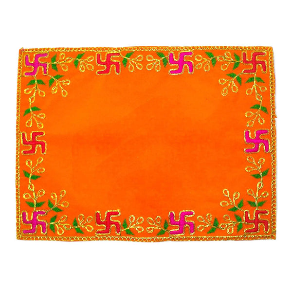 Orange pooja asan cloth with all-around embroidered border in green, pink and gold