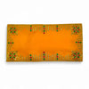 Rectangular yellow velvet pooja aasan cloth with golden embroidered edge and beadwork center