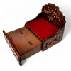 Wooden sofa cum bed with open storage base and red top cushion, side view