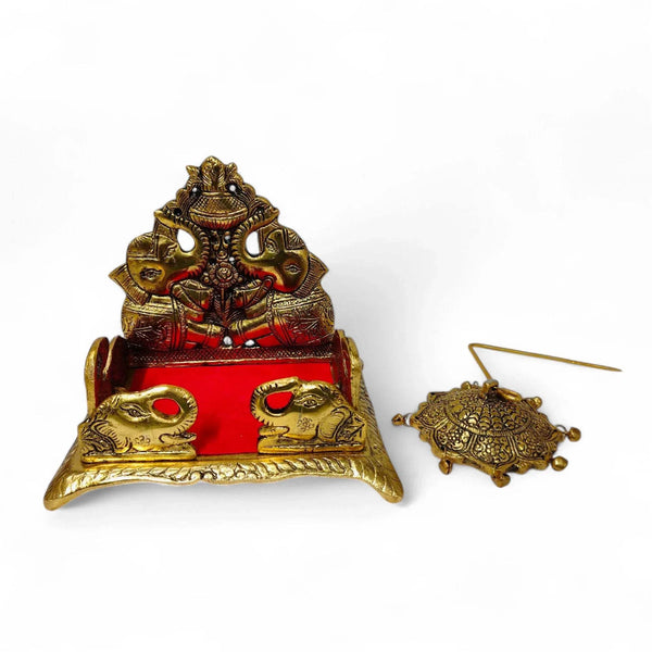 Gold metal elephant throne with red seat; small canopy accessory shown