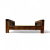 Wooden charpai bed frame with carved front rail and slatted ends, dark brown.