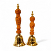 Bronze pooja bell set with two carved orange handles and gold-toned flared bells