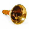 Bronze pooja bell with clapper inside and gold-toned flared mouth, handle end visible