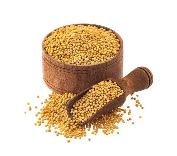 Mustard seeds in a wooden bowl with loose yellow seeds and wooden scoop
