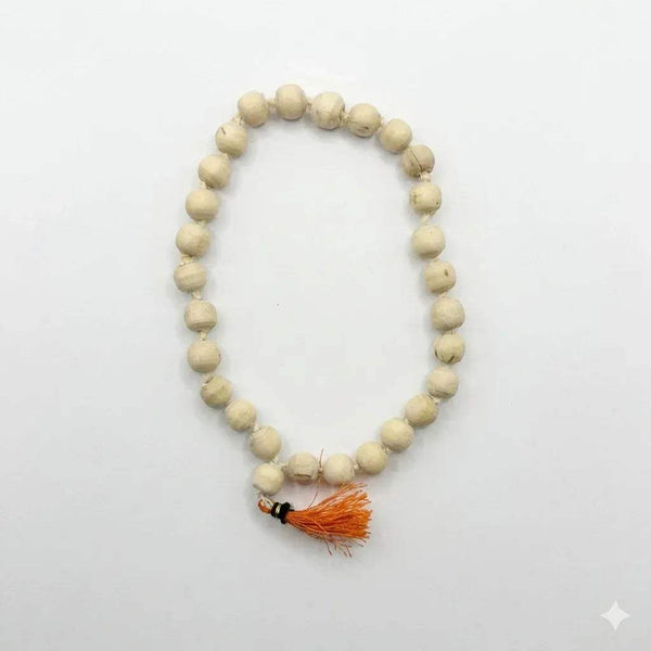 Wood bead mala bracelet with small round beads and orange tassel