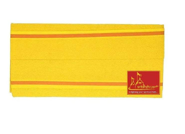 Folded yellow cotton gamcha patka with orange stripes and red emblem patch