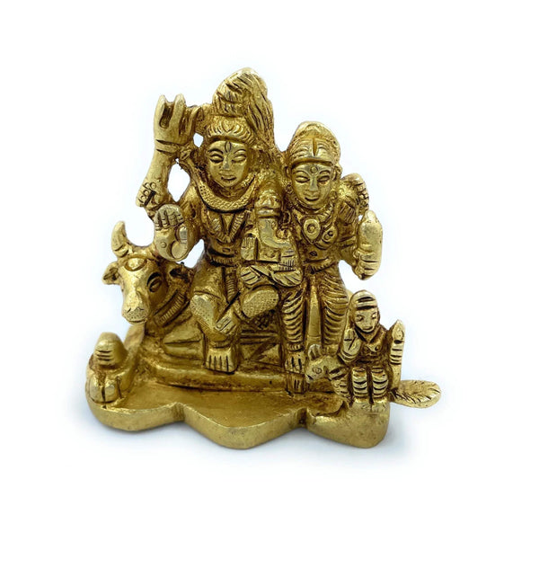 Gold-tone Hindu deity family idol with seated figures and raised trident, on base