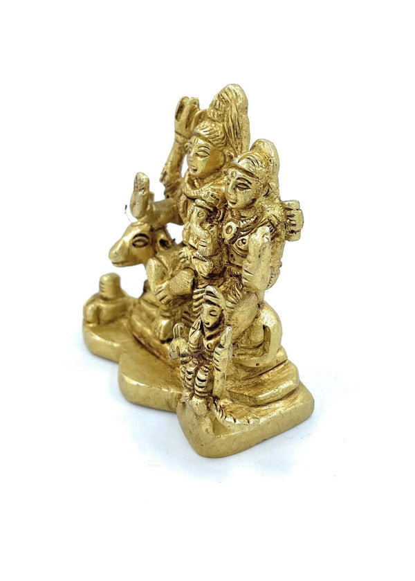 Gold-tone Hindu deity family idol, seated group with trident and ornate detailing