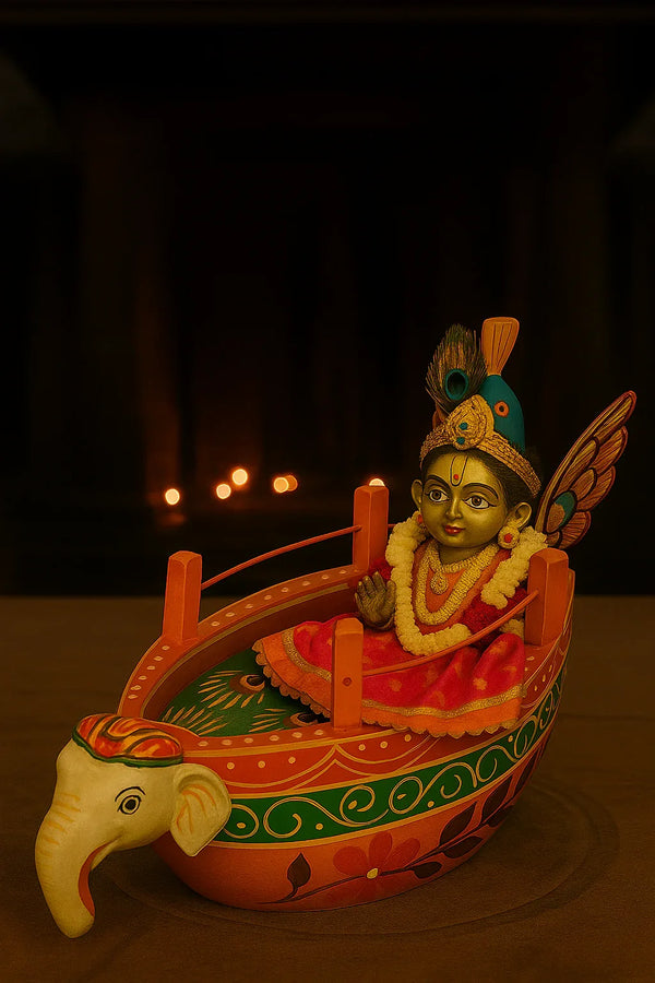 Thakurji Divine Boat Shringar small size-Mor Vahan Nauka for Bal Gopal Seating and Decoration for 0-1 no laddu goplal - Achleshwar