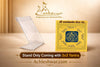 Clear acrylic stand holding golden yantra card with blue geometric seal