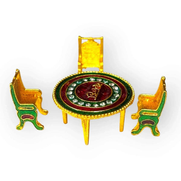 Toy dining table and chair set for Krishna idol, round gold table with two chairs