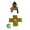 Miniature dice board game toy with gold-green cross, dice, colored beads and small figure