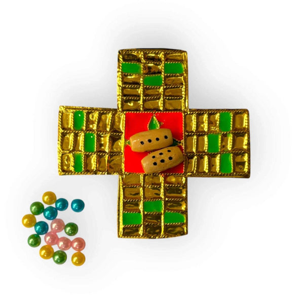 Miniature dice board game toy cross with gold-green grid, red center, dice and beads