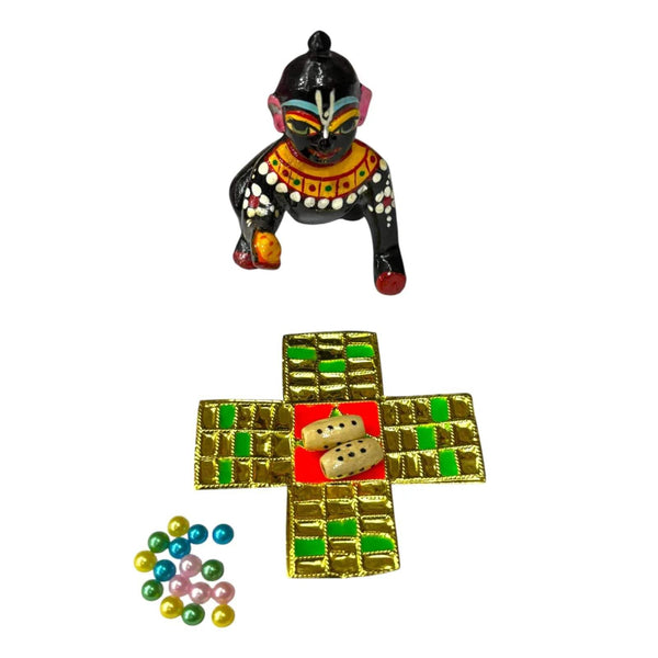 Miniature dice board game toy with gold-green cross, dice, colored beads and small figure