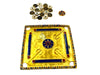Miniature carrom board with gold base, blue frame, and round coin pieces