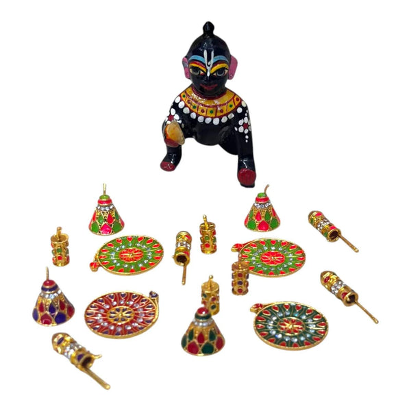 Mini decorative firecracker toy set with small Krishna figurine and colorful medallions