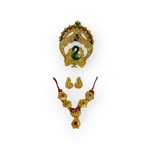 Laddu Gopal jewelry set: gold mukut, red-blue necklace, and small gold earrings