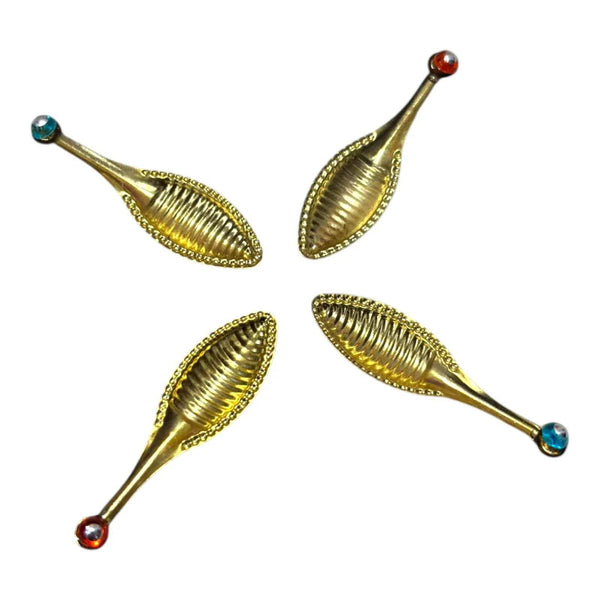 Miniature golden spoon toy set with four leaf-shaped spoons and blue/red bead tips