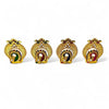 Four gold jeweled mukut headpieces with red, blue and green stone accents