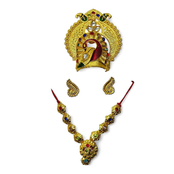 Gold jeweled headpiece, necklace and earrings set with red and blue stone accents