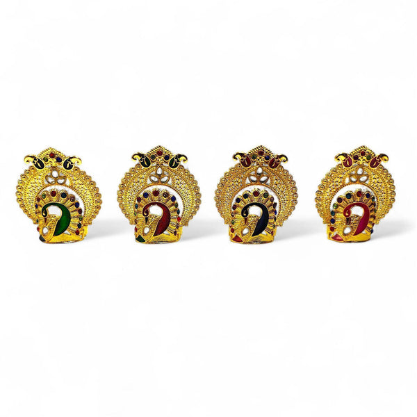 Four gold jeweled mukut headpieces with red, blue and green stone accents
