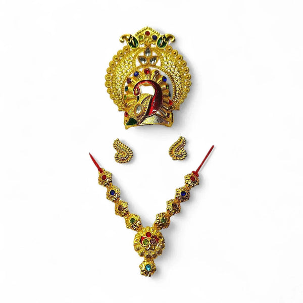 Gold jeweled headpiece, necklace and earrings set with red and blue stones