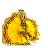 Gold jeweled headpiece and necklace worn on a decorated figure with red and blue stones