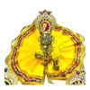 Gold jeweled headpiece and pendant worn on a decorated figure with red and blue stones