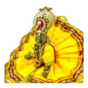 Gold jeweled headpiece and neck jewelry worn on a decorated figure with red and blue stones