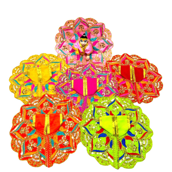 Multicolor embroidered poshak dress set with gold trim, circular floral appliques