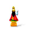 Back-view goddess statue with gold crown, multicolor red skirt, raised arm, yellow base