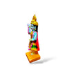 Profile blue-skinned goddess statue with gold crown and garland beads, red skirt, yellow base