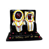Marble dust idol statue with two seated figures in white and gold on dark base