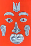 German silver Hanuman face decoration set: crown, eye arches, nose piece, cheek ornaments
