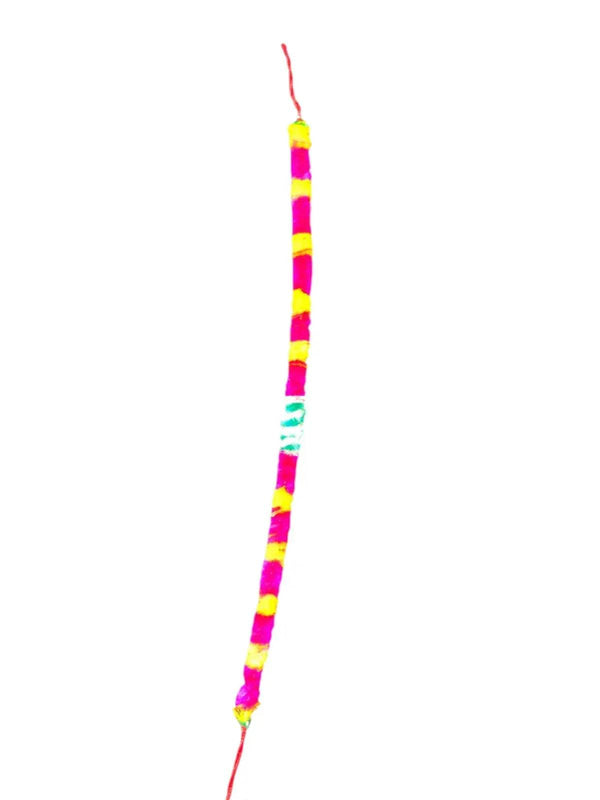 Traditional thread mala cord with magenta, yellow, and green striped beads and red ends