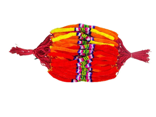 Traditional thread mala ornament with red base, orange bands, multicolor stripes, and tassels