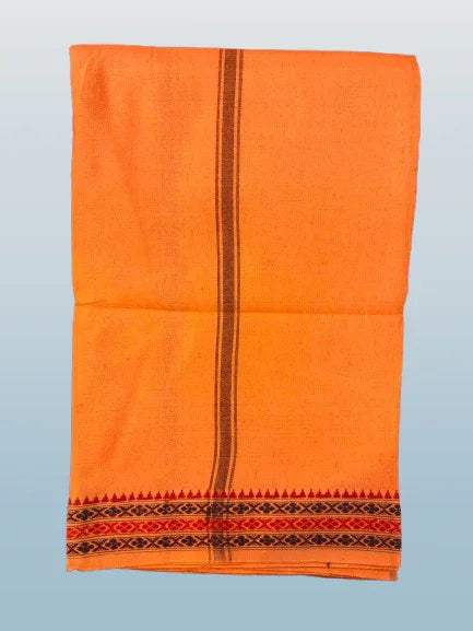 Orange unstitched cotton dhoti folded flat, vertical stripe and patterned bottom