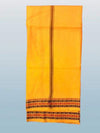 Yellow-orange unstitched cotton dhoti with dark vertical stripe and woven hem