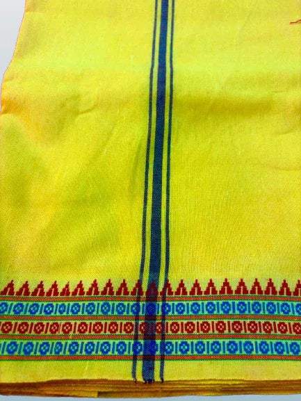 Yellow cotton dhoti fabric with blue border stripe and red patterned hem